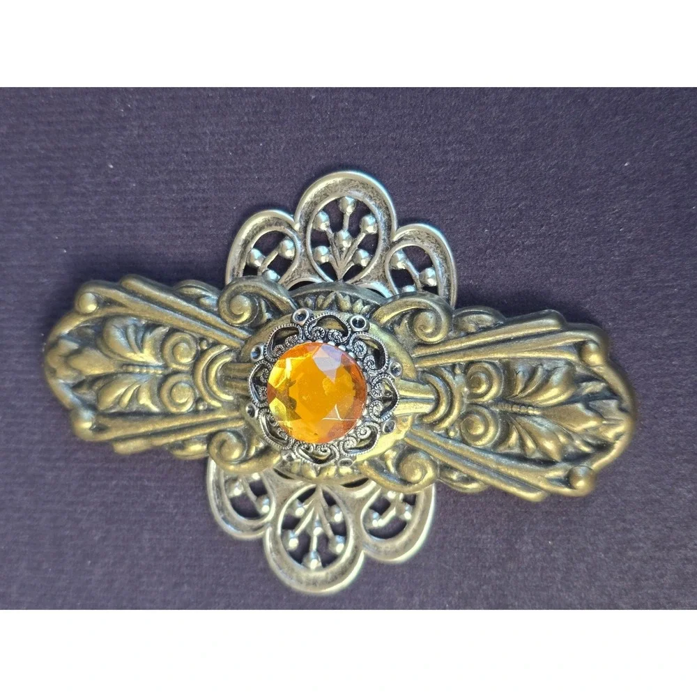 Ann‎ Cichon Dallas Vintage Mixed Metal Filigree Amber Gemstone Statement Brooch